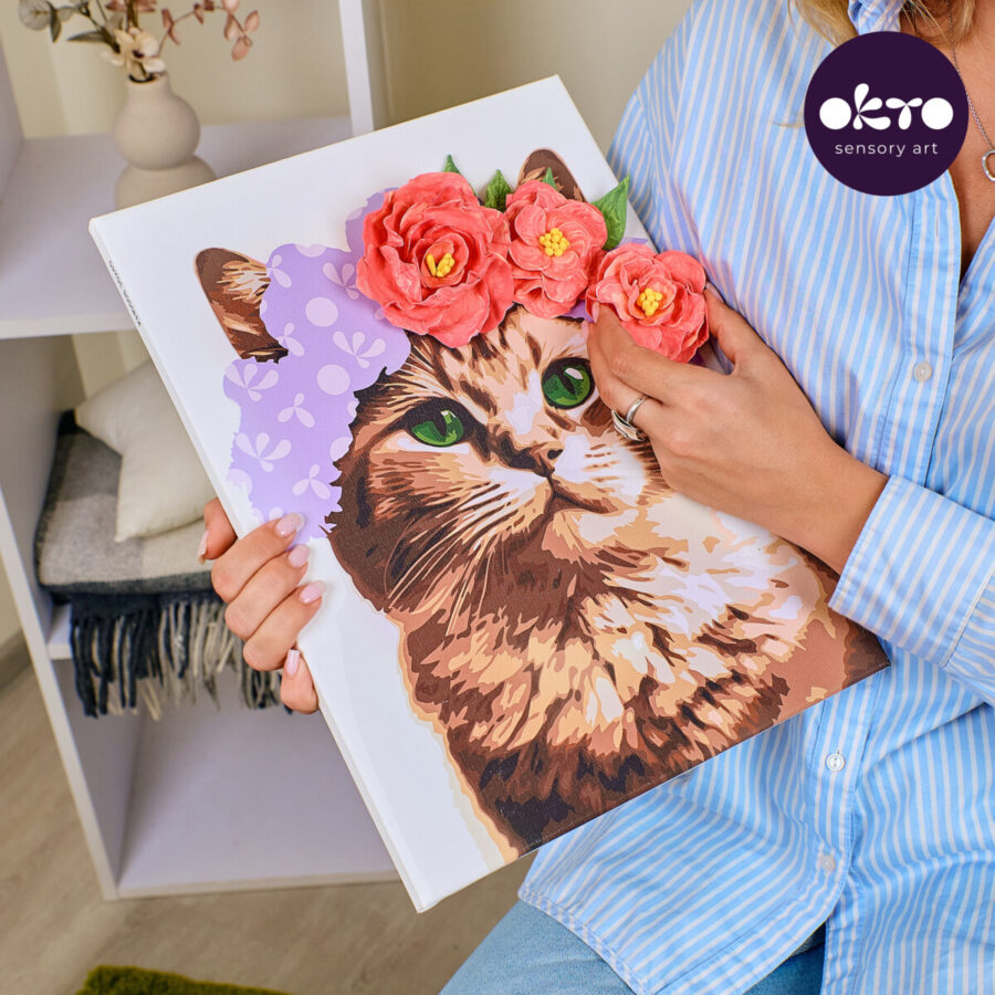 3D Málað og Leirað Listaverk " Cat in a Flower Crown " - Image 5