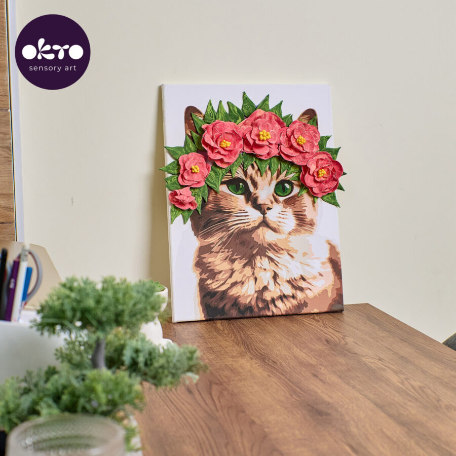 3D Málað og Leirað Listaverk " Cat in a Flower Crown " - Image 6