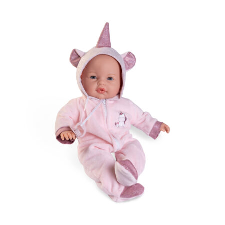 Dúkka með hljóðum og blikkar augum - 37 cm - Unicorn galli